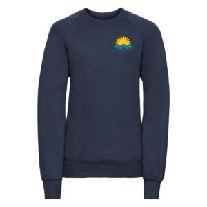 Frontal view of the New Horizons School navy sweatshirt with the school's emblem embroidered on the left breast.