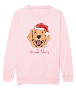 Frontal view of the kids' Santa paws Christmas sweatshirt in baby pink: a brown dog wearing a Christmas hat printed to the front with text below in red cursive writing that reads: "Santa Paws"