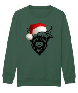Frontal view of a bottle green sweatshirt with a black line drawing of a highland cow with a coloured red Christmas hat on its head.