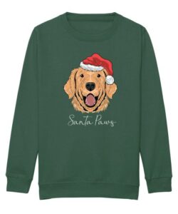 Frontal view of the kids' Santa paws Christmas sweatshirt in bottle green: a brown dog wearing a Christmas hat printed to the front with text below in white cursive writing that reads: "Santa Paws"