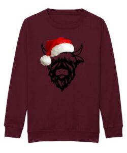 Frontal view of a burgundy sweatshirt with a black line drawing of a highland cow with a coloured red Christmas hat on its head.