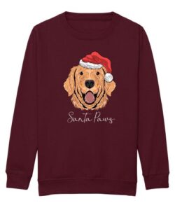 Frontal view of the kids' Santa paws Christmas sweatshirt in burgundy: a brown dog wearing a Christmas hat printed to the front with text below in white cursive writing that reads: "Santa Paws"