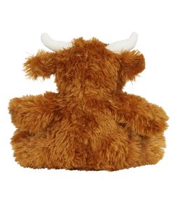 Rear view of the orange-brown personalised "Henry" highland cow teddy against a white background