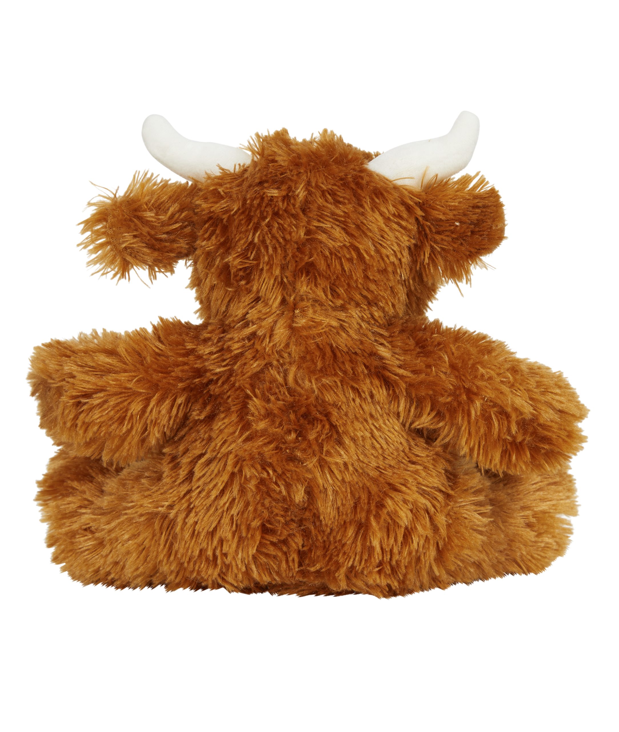 Rear view of the orange-brown personalised "Henry" highland cow teddy against a white background