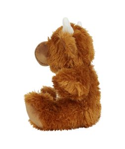 Side view of the orange-brown personalised "Henry" highland cow teddy against a white background