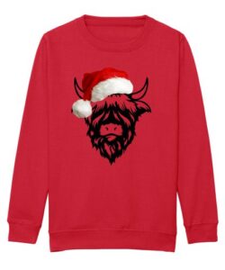 Frontal view of a red sweatshirt with a black line drawing of a highland cow with a coloured red Christmas hat on its head.