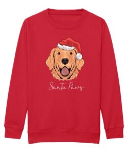 Frontal view of the kids' Santa paws Christmas sweatshirt in red: a brown dog wearing a Christmas hat printed to the front with text below in white cursive writing that reads: "Santa Paws"