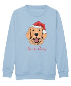 Frontal view of the kids' Santa paws Christmas sweatshirt in sky blue: a brown dog wearing a Christmas hat printed to the front with text below in red cursive writing that reads: "Santa Paws"