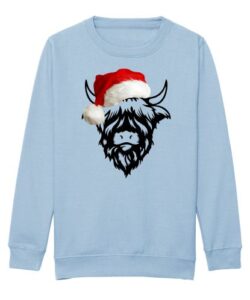 Frontal view of a sky blue sweatshirt with a black line drawing of a highland cow with a coloured red Christmas hat on its head.