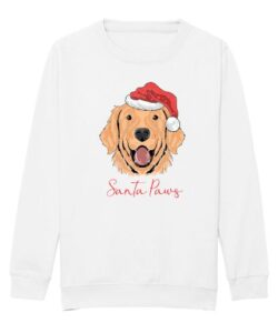 Frontal view of the kids' Santa paws Christmas sweatshirt in arctic white: a brown dog wearing a Christmas hat printed to the front with text below in red cursive writing that reads: "Santa Paws"