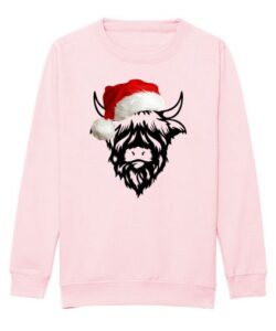 Frontal view of a light pink sweatshirt with a black line drawing of a highland cow with a coloured red Christmas hat on its head.