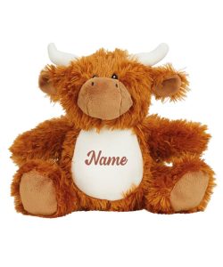 A frontal view of the orange-brown personalised "Henry" highland cow teddy against a white background with the sample word "Name" printed in brown to the white belly.