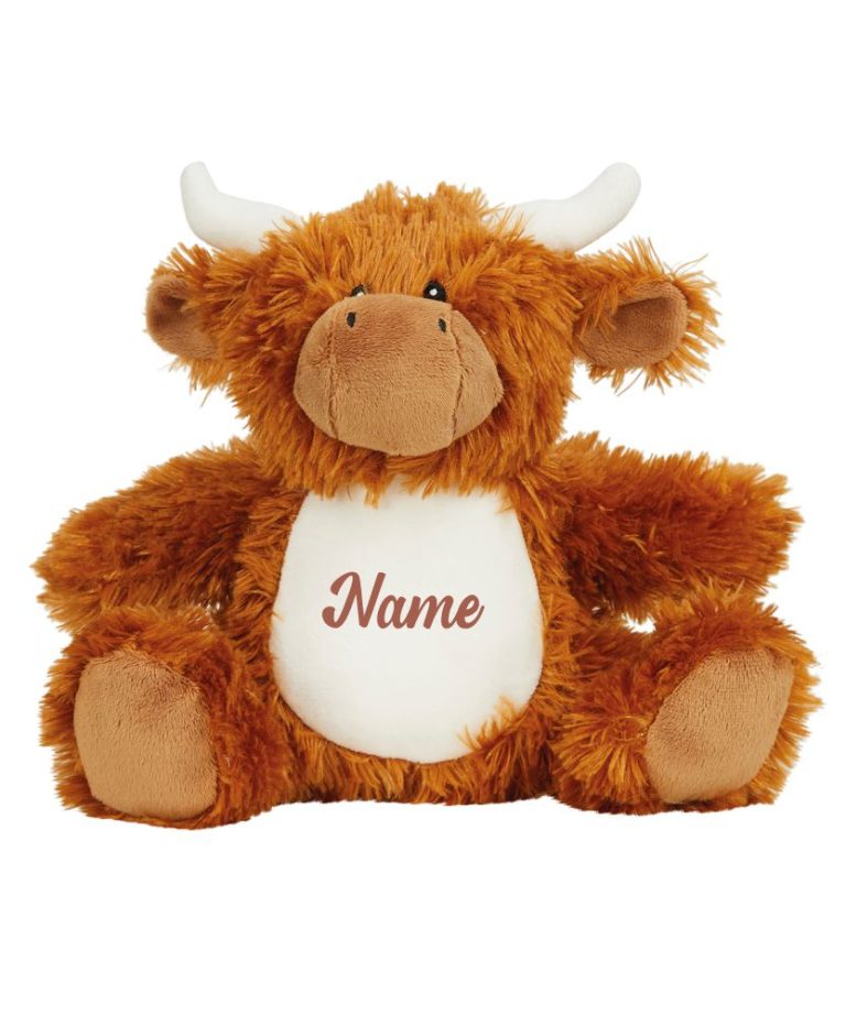 A frontal view of the orange-brown personalised "Henry" highland cow teddy against a white background with the sample word "Name" printed in brown to the white belly.