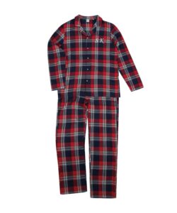 Frontal view of mens tartan pyjamas personalised with the initials "SK" embroidered to the left breast