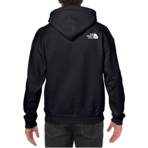 Rear view of the "North Pole" Christmas hoodie: a black hoodie in front of white background. Printed to the top-right, below the righ shoulder, is white text that reads "THE NORTH POLE". Alligned next to the text is a half Santa face wearing a Christmas hat - all in white.