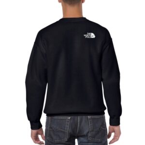 Rear view of the "North Pole" Christmas sweatshirt: a black swatshirt in front of white background. Printed to the top-right, below the righ shoulder, is white text that reads "THE NORTH POLE". Alligned next to the text is a half Santa face wearing a Christmas hat - all in white.