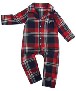 A frontal view of the babies' personalised tartan all-in-one with initials "HP" embroidered to the left breast