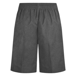 Rear view of boys' pull-up shorts in grey