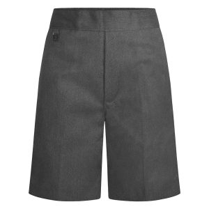 Frontal view of boys' pull-up shorts in grey