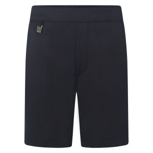 Frontal view of boys' pull-up shorts in navy