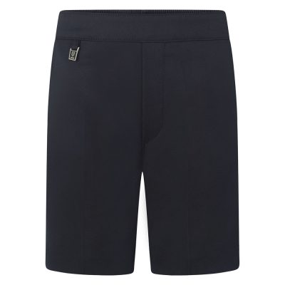 Frontal view of boys' pull-up shorts in navy