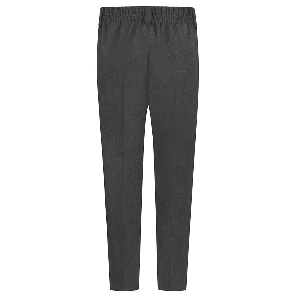 Rear view of slim fit boys trousers in grey