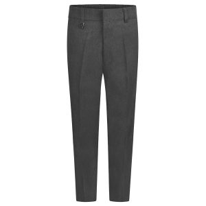 Frontal view of slim fit boys trousers in grey