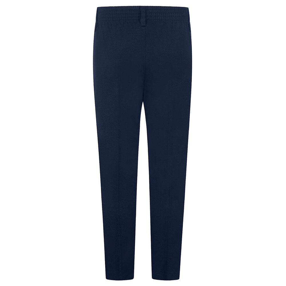 Rear view of slim fit boys trousers in navy