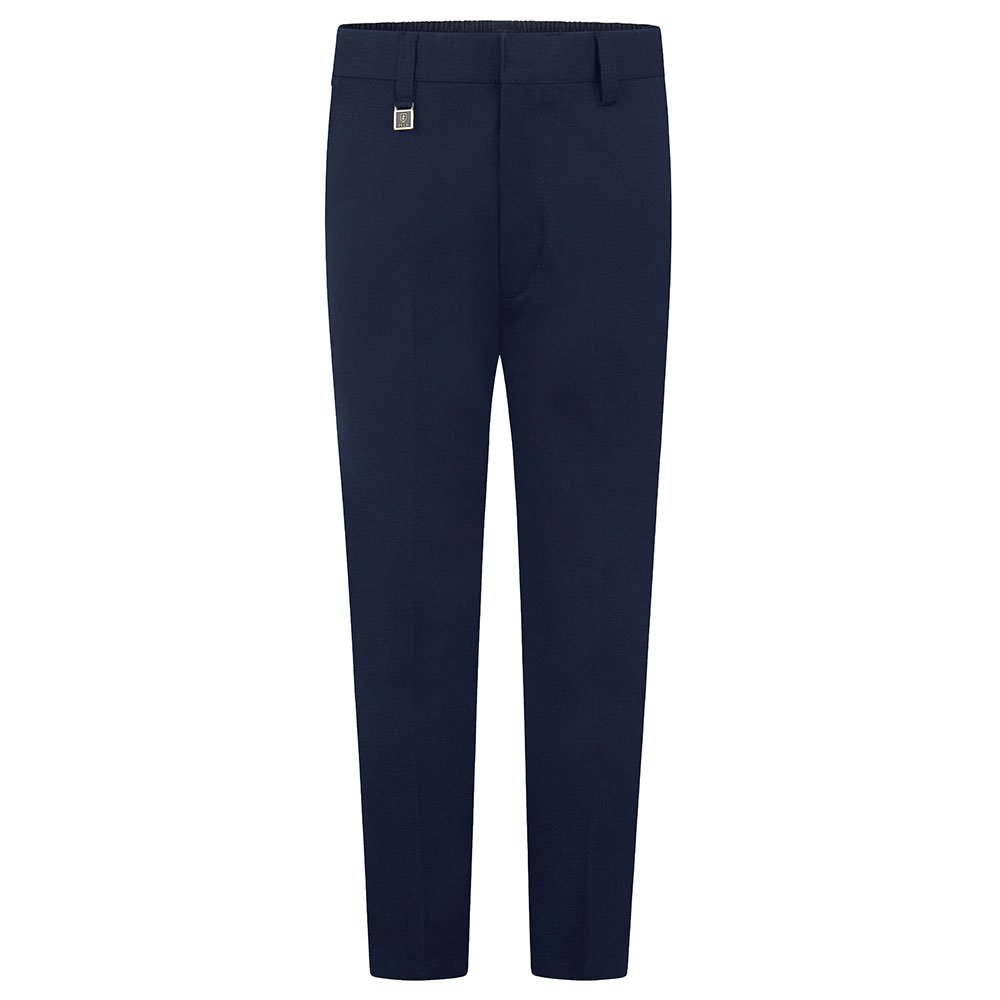 Frontal view of slim fit boys trousers in navy