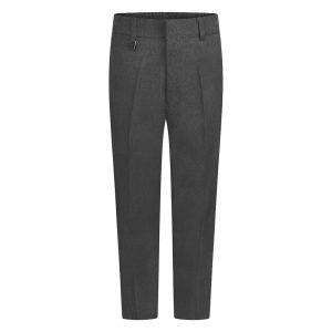 Frontal view of standard-fit boys trousers in grey