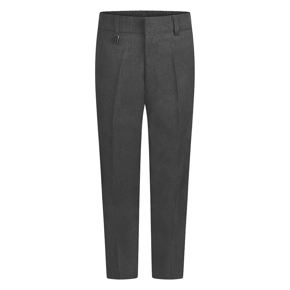 Frontal view of standard-fit boys trousers in grey