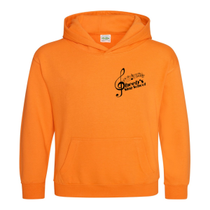 Frontal view of the Pheebs Sings School orange baby hoodie with the club's logo printed on the left breast.