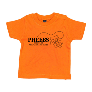 Frontal view of the Pheebs School of Performing Arts orange baby t-shirt.