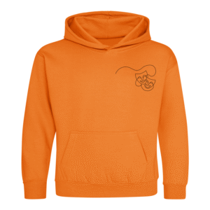 Frontal view of the Pheebs School of Performing Arts orange baby hoodie.