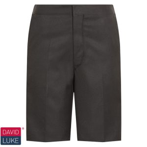 Frontal view of black Bermuda school shorts.