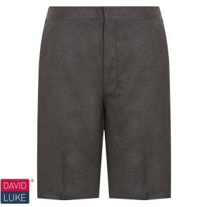 Frontal view of charcoal Bermuda school shorts.