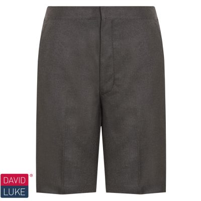 Frontal view of charcoal Bermuda school shorts.