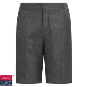 Frontal view of grey Bermuda school shorts.