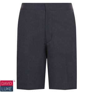 Frontal view of navy Bermuda school shorts.