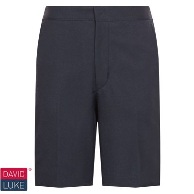 Frontal view of navy Bermuda school shorts.