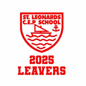 The St Leonards C of E Primary Academy emblem with text below that reads: "2025 LEAVERS"