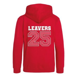 Rear view of the St Leaonards C of E Primary Academy leavers hoodie with the print LEAVERS 25. Inside the 25 is full of the sample text "name".