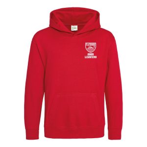 Frontal view of the St Leonards C of E red leavers hoodie with the school's emblem printed on the left breast with text below that reads "2025 LEAVERS".