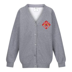 Frontal view of the Hollington Primary School cardiagn with the school's emblem embroidered on the left breast.