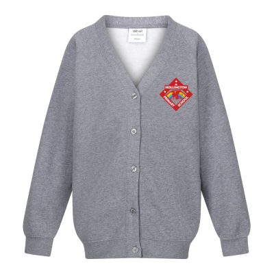 Frontal view of the Hollington Primary School cardiagn with the school's emblem embroidered on the left breast.