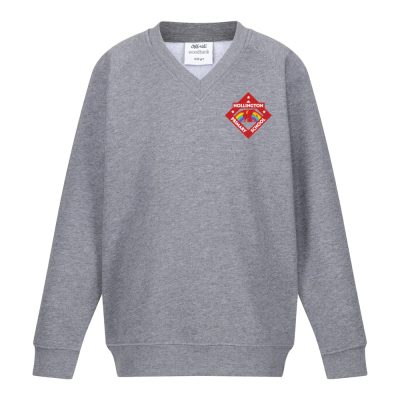 Frontal view of the Hollington Primary School grey sweatshirt with the school's emblem embroidered on the left breast.