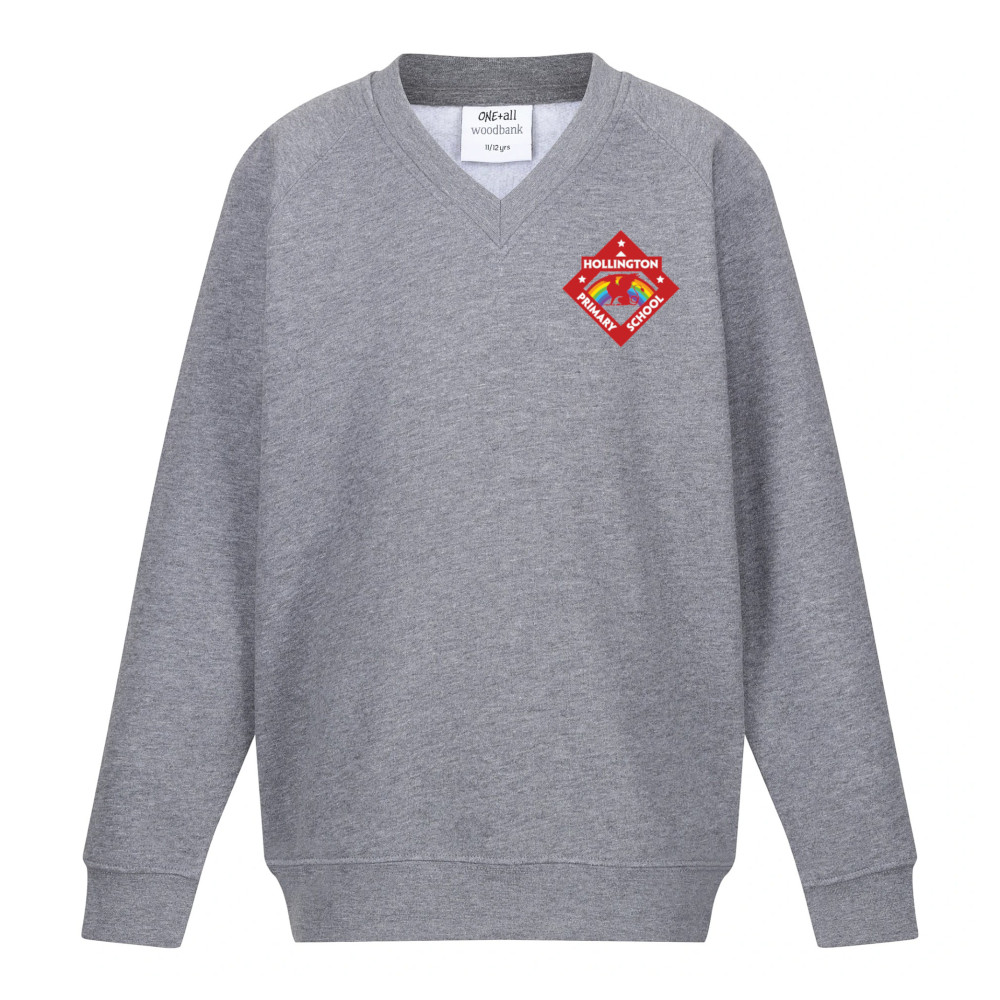 Frontal view of the Hollington Primary School grey sweatshirt with the school's emblem embroidered on the left breast.