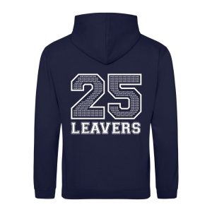 Rear view of the Hollington Primary School 2025 navy leavers hoodie with "25" and "LEAVERS" printed on the back. Within the "25" is the sample text of "NAME".