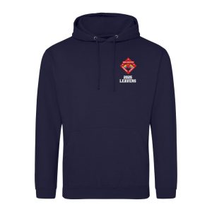 Frontal view of the Hollington Primary School 2025 navy leavers hoodie with the school's emblem on the left breast.