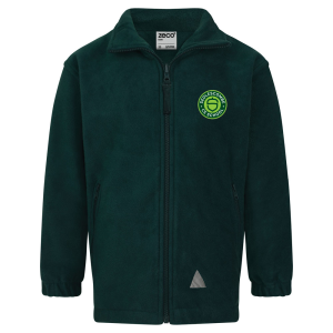 Frontal view of the Sedlescombe Primary School reception class bottle green fleece.
